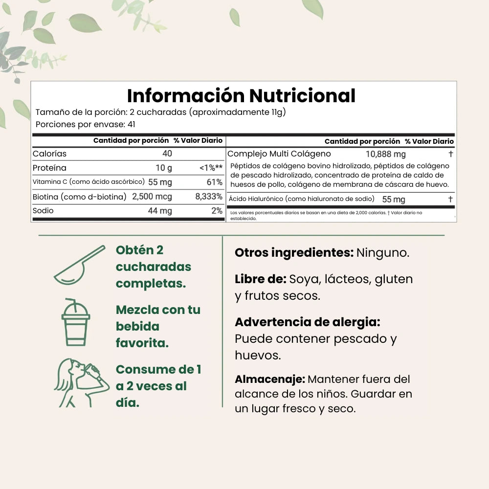 Colágeno en Polvo Multitipo con Ácido Hialurónico, Biotina y Vitamina C