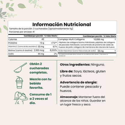 Colágeno en Polvo Multitipo con Ácido Hialurónico, Biotina y Vitamina C